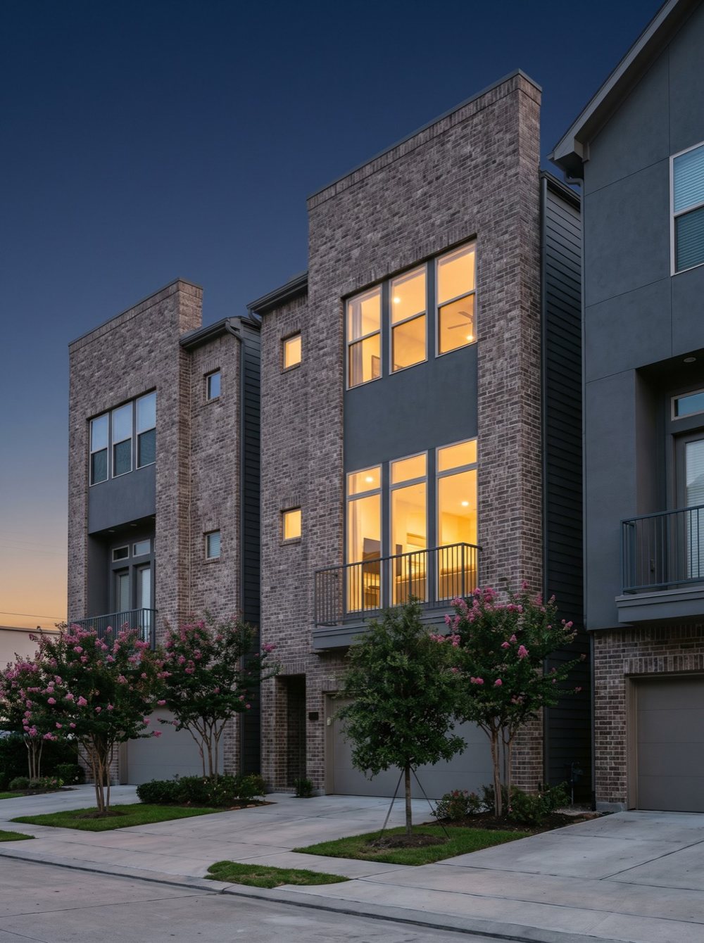 Row of three-story Houston townhomes at dusk with lit windows