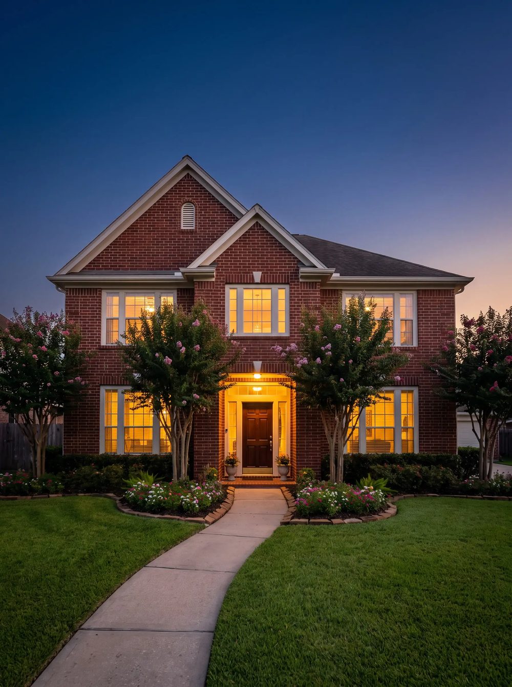 A two-story brick home at dusk with warm light in the windows
